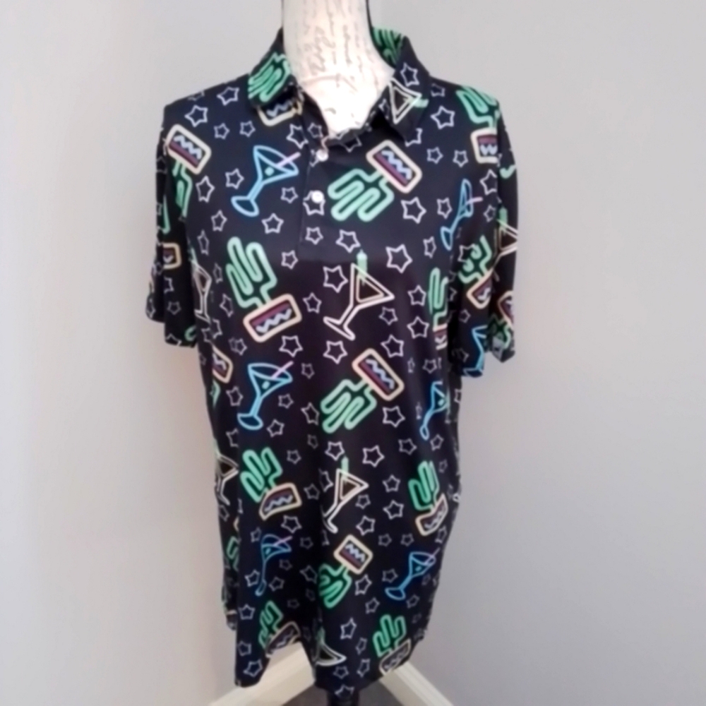 NWT Proud Ninety Golf Is Fun Polo Shirt Cactus Martini Print - M